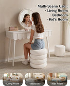 Round Set of 2 Sherpa Storage Ottoman Stool Boucle Vanity Stool Footstool with Removeable lid Load up to 440 lbs for Livingroom Bedroom White UASND68W