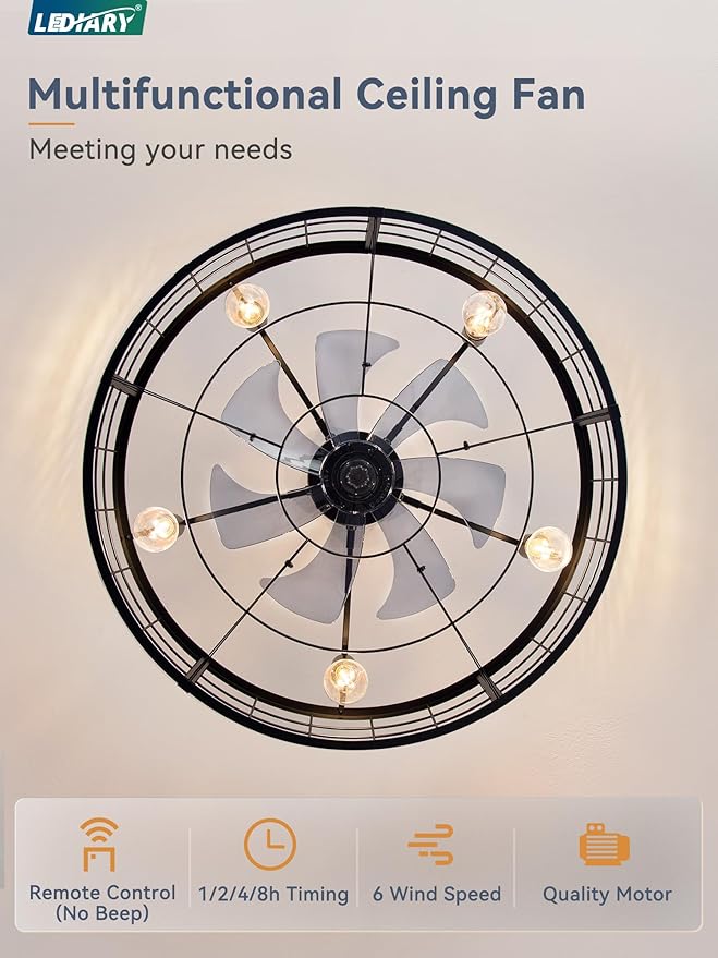 LEDIARY 30 inch Fandelier Caged Ceiling Fan with Light, Bladeless Ceiling Fan with Remote, Farmhouse Fan Lights Ceiling Fixtures for Kitchen, Bedroom, Outdoor(6 Speed, Timing)-Black