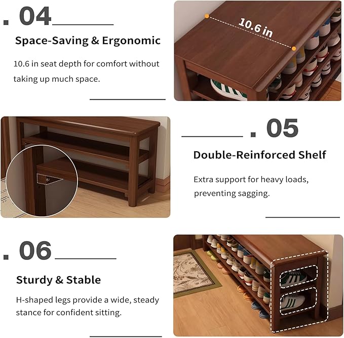 Shoe Rack Bench for Front Door Entrance, Solid Wood Shoe Bench for Closet, Entryway, Mudroom, Hallway, 23.62 inches