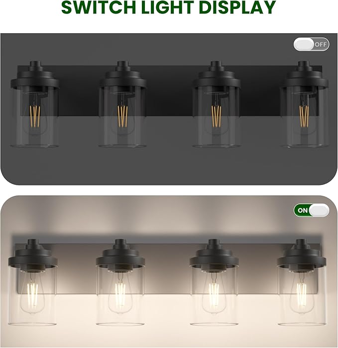 Bathroom Vanity Light Fixture, 4-Light Modern Black Vanity Light Fixtures with Clear Glass Shade, Matte Black Bathroom Light Fixtures Over Mirror, Rustic Restroom Lighting Fixtures