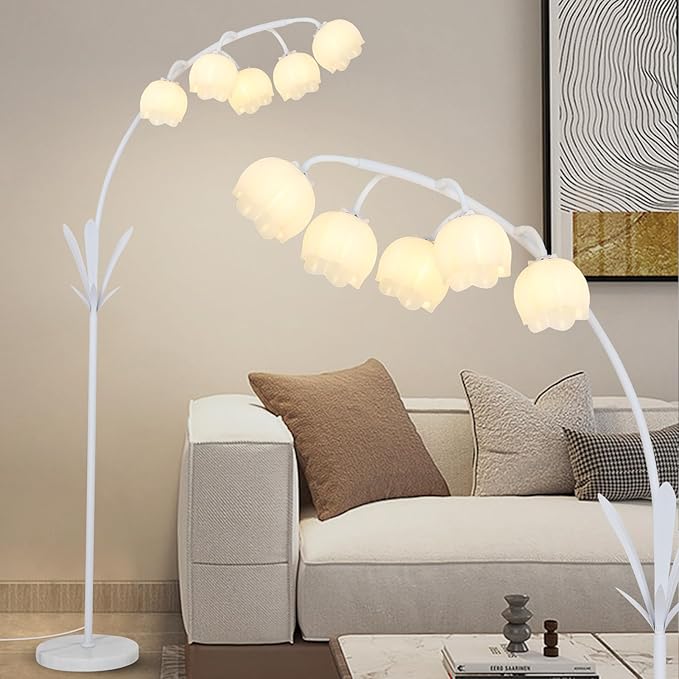 HMVPL White Floral Floor Lamp, Cute Flower Standing Lamp for Bedroom, Modern Tall Lamp with 5 G9 LED Bulbs, Foot Switch, Acrylic Shade, Curved Floor Lamp for Living Room Corner Bedside Kids Home Decor