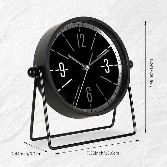 QIYAODECO® Vintage Metal Desk Clock for Bedroom, with Adjustable Angle Ticking Small Battery Operated Mantel Bedside Clock, Decorative Table Old Fashioned Style Black Decor Adult Kid Gift,Silver/Black