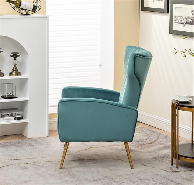 Modern Velvet Accent Chair, Channel Tufted Bedroom, Office or Living Room Furniture with Elegant Metal Legs, 26" Wide Armchair, Teal
