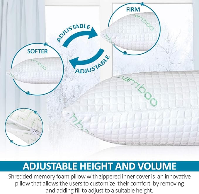 Queen Size Rayon Derived from Bamboo Pillows, Cooling Shredded Memory Foam Pillow Sets for Sleeping for Back, Stomach, Side Sleepers, Adjustable, Washable Cover, Queen (Pack of 1)
