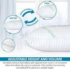 King Size Rayon Derived from Bamboo Pillows, Cooling Shredded Memory Foam Pillow Sets for Sleeping for Back, Stomach, Side Sleepers, Adjustable, Washable Cover,King (Pack of 1)