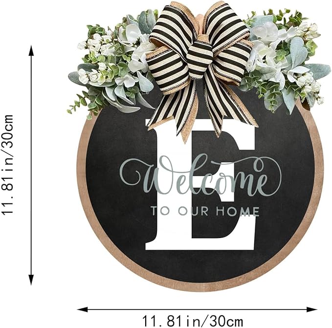 Circular Surname Front Door Welcome Sign - 26 Letter House Wreath, Front Porch Decorations, Year-Round Home Decor (E)