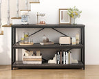 IBF Short Wide Horizontal Bookshelf, Industrial office Low 3 Tier Book shelf, Rustic Wide Vintage open Bookcase with Storage, Modern Grey Etagere for Home Office Living Room Bedroom, Gray Oak, 47 Inch