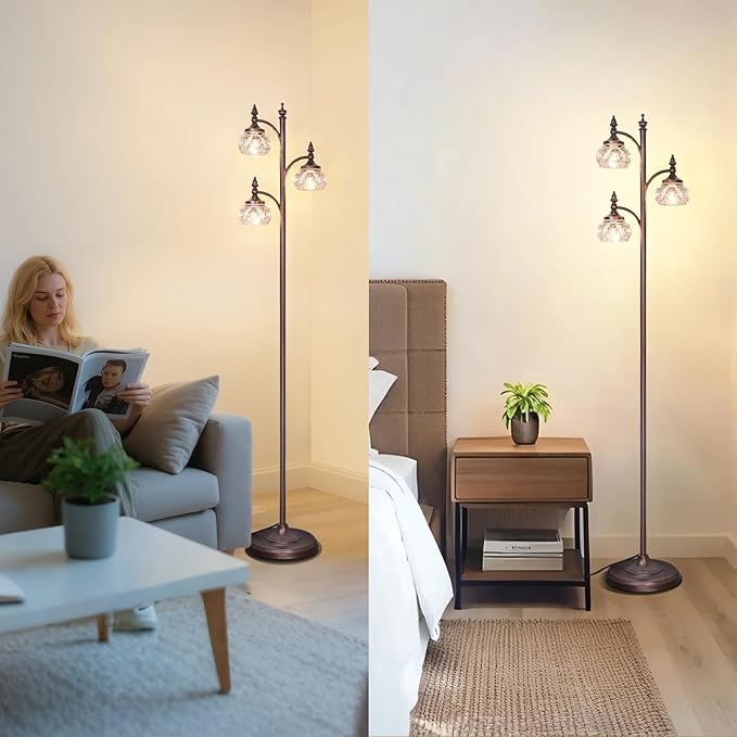 Brown Glass Floor Lamps for Living Room 66.5'' Standing Lamp with 3 Brightness Lights Vintage Mid Century Modern Pole Bronze Tree Lamp for Bedroom Office(3LED Bulbs Included)