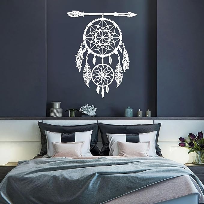 YDONVTI Dream Catcher Metal Wall Decor, Large Dream Catcher Wall Art, Metal Boho Wall Art, Feather Arrow Decoration, Native American Decor, for Bedroom(Silver, 48" L x 38" W/121x97cm)