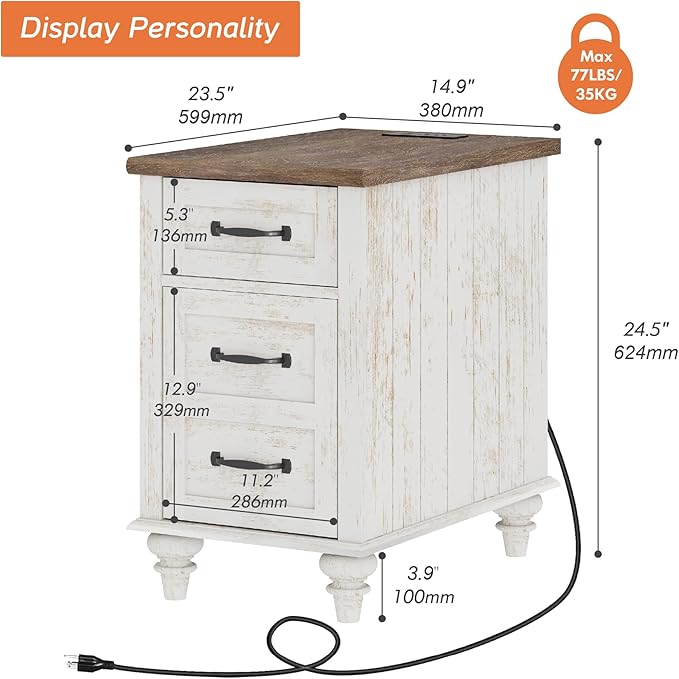 WAMPAT End Table with Charging Station, Antique White Side Table with Storage Cabinet & Drawer, Wooden Nightstand with Power Outlets & Type-C USB Ports for Bedroom, Dorm