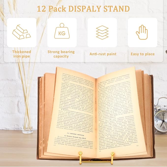 Kenning 12 Pieces Gold Plate Holder Easel Display Stand Metal Book Display Stand Tabletop Picture Frame Holder Photo Square Iron Easel Decorative for Kitchen Office Room Tabletop(3 Inch)
