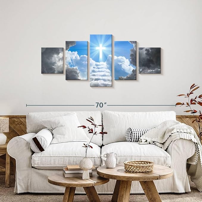 Elephant Stock Stairway To Jesus Christ Wall Art Multi Piece Canvas - 5 Panel Christian Pictures Decor - Digital Design Canvas Print - Christian Wall Decor - 55" X 24"