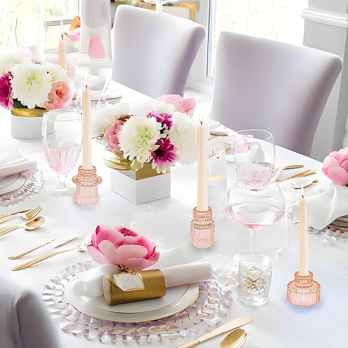 Double Sided Vintage Ribbed Taper Glass Candle Holders,Tea Candle Holder for Table Centerpieces, Wedding Decorations and Dinner Parties (Orange Pink, 6 PCS)