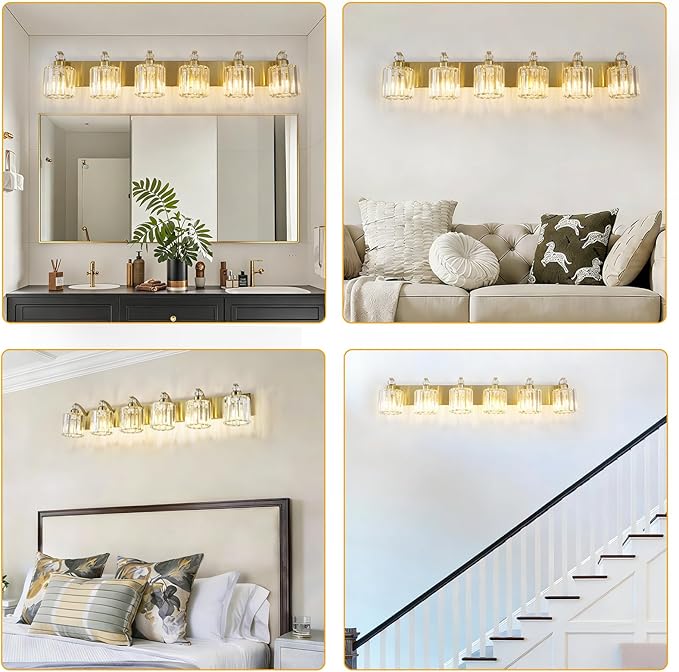 6-Lights Brushed Brass Bathroom Light Fixture Gold Vanity Lights Modern Crystal Bathroom Vanity Lighting Over Mirror Wall Sconce with K9 Crystal Shade E26 Base for Living Room, Bedroom Wall Lamp