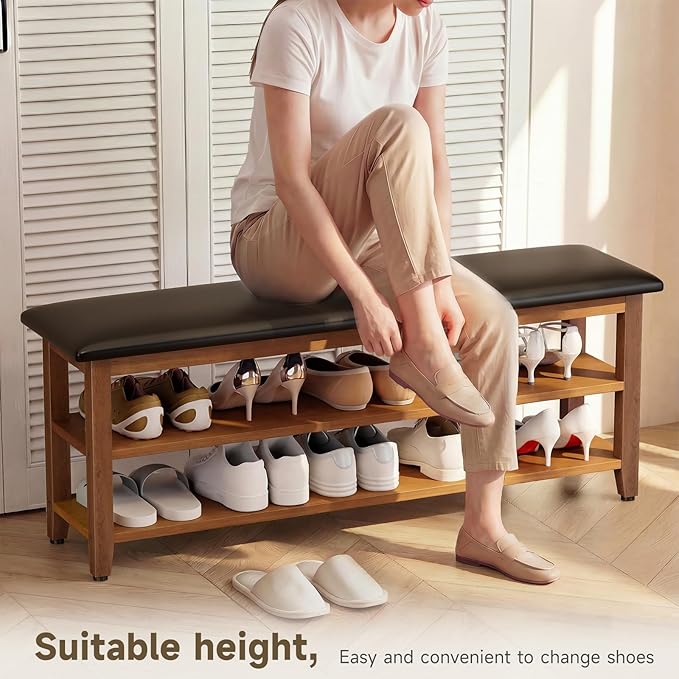 Shoe Bench with Leather Cushion,Wood Bench with Shoe Rack,2-Tier Shoe Storage Organizer for Entryway,Hallway,Living Room (Brown, 2-Tier-47.3")