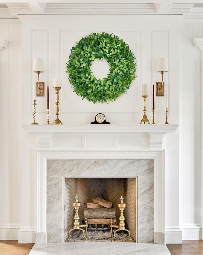 Vlorart 24 Inch Large Greenery Wreath for Front Door, Artificial Green Leaves Spring Summer Door Wreaths, Boxwood Wreath for Indoor Outdoor Farmhouse Home Wall Window Wedding Decor All Season