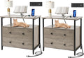 27 inch Wide Night Stand Set 2 with Charging Station, Bedside Table with Open Shelf, 2 Drawers Small Wood Dresser, Modern Wood Nightstand for Bedroom/Living Room (Rustic Gray)