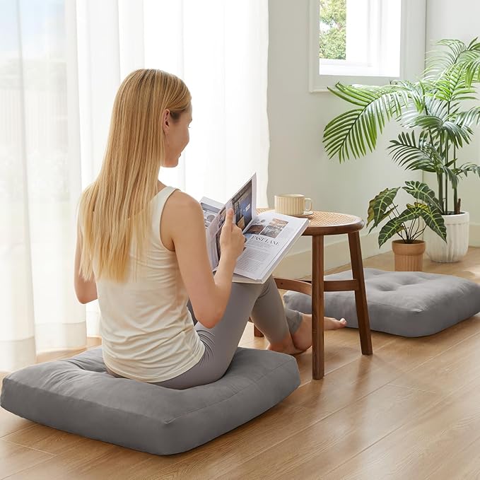 Meditation Floor Pillow Set of 4, Square Large Pillows Seating for Adults, Meditation Cushion Pillow,Tufted Corduroy Cushion for Tatami Living Room or Yoga, Light Gray, 22x22 Inch