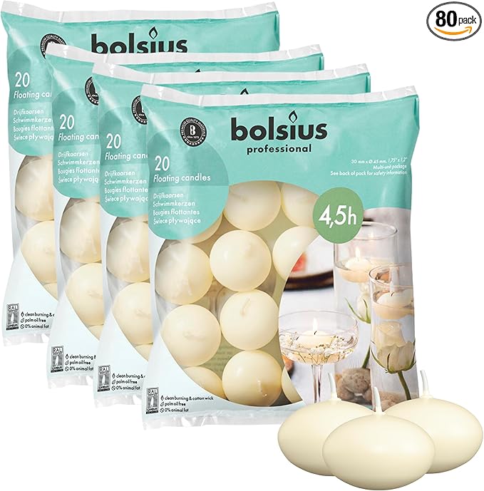 Bolsius Unscented 1.75" Floating Candles – Set of 80 Ivory Floating Candles – Cute and Elegant Burning Candles – Candles with Nice and Smooth Flame – Party Accessories
