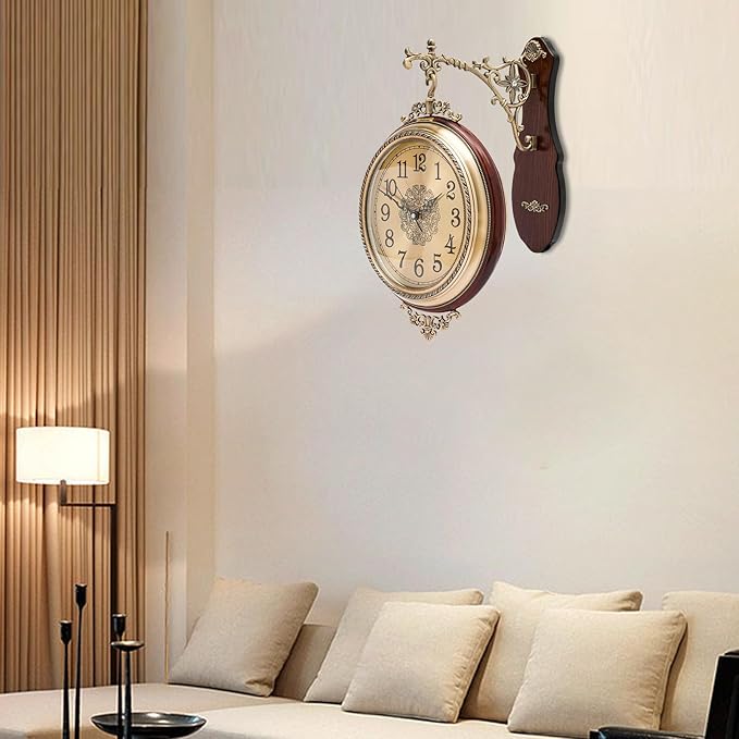 Coffee Double Sided Large Wall Clock, Elegant, Traditional, Vintage Style 360° Rotating Metal Wall Clock, Indoor Outdoor Office Living Room Porch Clock Wall Decor (Coffee Double Sided Clock)