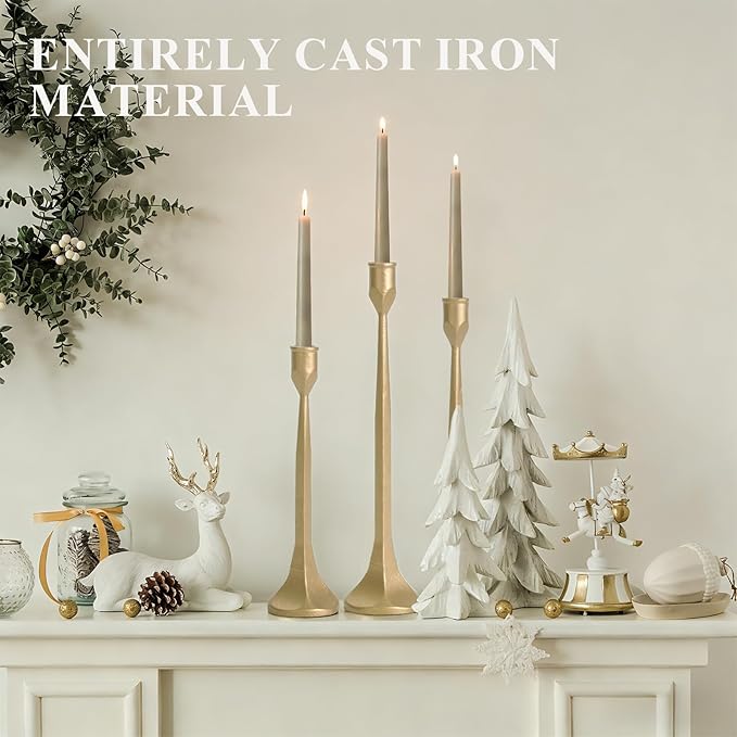 Cast Iron Tall Antique Brass Candlestick Holders Set of 3, Bronze Vintage Gold Tall Taper Candle Holders, Candle Sticks Holders Decor for Home Decor, Mantle, Table-11.8"+13.8"+15.4"(Gold)