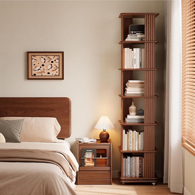 Solid Wood Rotating Bookshelf, 6-Tier Rolling Book Shelf，360 Degree Revolving Bookcase，Spinning Bookshelf Tower for Small Spaces, Corner, Bedroom，Office，Living Room，Classroom （Walnut）