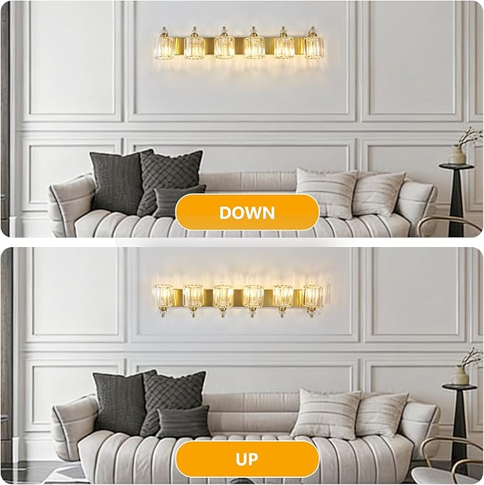 6-Light Modern Vanity Lights Brushed Brass Bathroom Light Fixtures Over Mirror Gold Bathroom Vanity Lighting with Crystal Shade E26 Base Wall Sconce for Bedroom Living Room Restroom Wall Lamp
