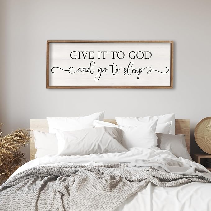 Surfapans Give It To God And Go To Sleep Sign Wall Decor 32"x12" ofr Master Bedroom Guest Room Wood Rustic Framed Wall Art Sign (Wood White)
