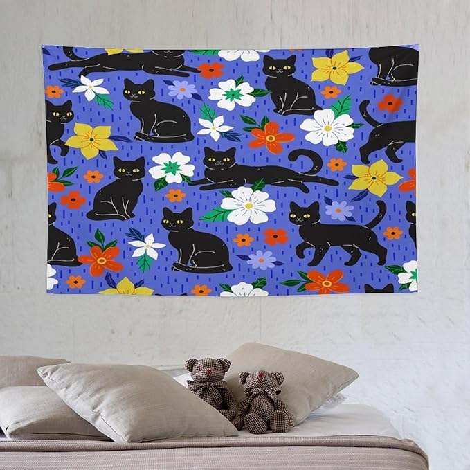 VUMIVI Black Cat Floral Tapestry Red White Hand-Painted Flowers Cute Animals Kids' Doodles Tapestry Wall Hanging for Living Room Bedroom Dorm Classroom Aesthetic Decor W60xL40in