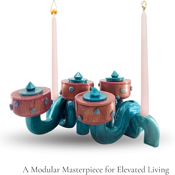 Centerpiece Pedestal Bowl & Candle Holder Stand – Rose Gold and Teal Stone Accents