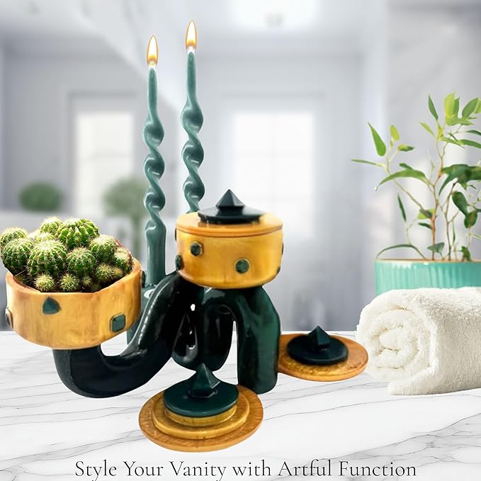 Luxury Centerpiece Serving Pedestal Bowl & Candle Holder Stand Combo with Stone Accents (Gold Combo Pedestal Bowl with Green Candle Holder Stand & Stone Accents, Set of 2)