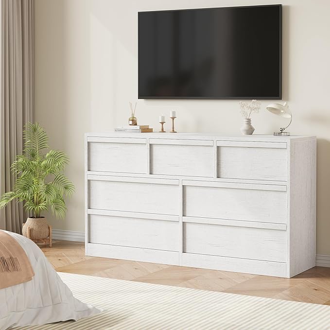 GarveeHome 7 Drawer Dresser for Bedroom, 54in Wide Antique White 7 Chest of Drawers with Large Storage, Wooden Dresser Organizer for Living Room, Nursery, Entryway