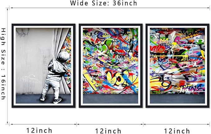 Novatique Graffiti Wall Art Colorful Banksy Wall Art Behind the Curtain Street Art Canvas Print Framed for Living Room Bedroom,12" x 16" x 3Pcs