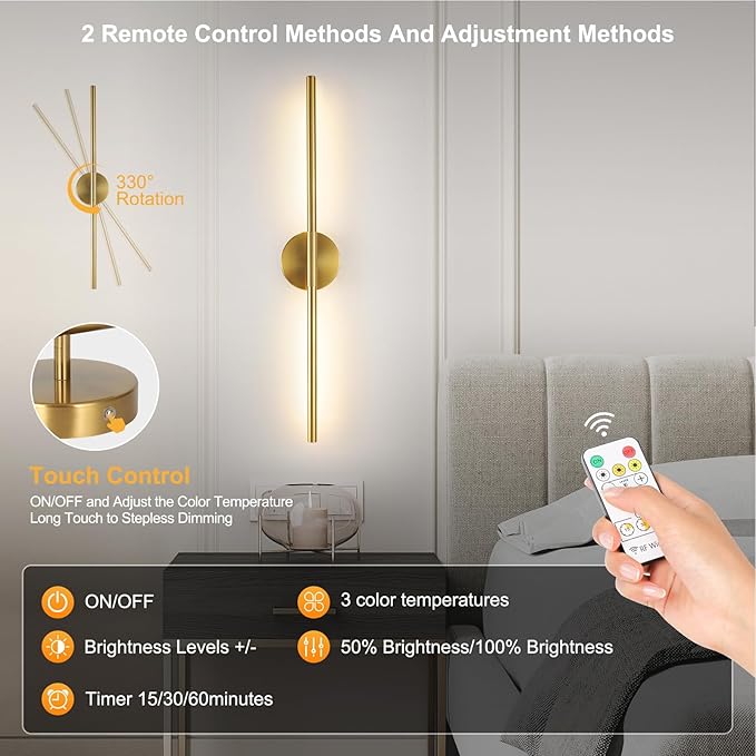 Wireless Battery Operated Wall Sconces with Remote, Gold Rechargeable Led Wall Lights Set of Two, Cordless Dimmable Battery Powered Wall Lamp Decor for Bedroom Living Room, 3 Color, 28 Inch