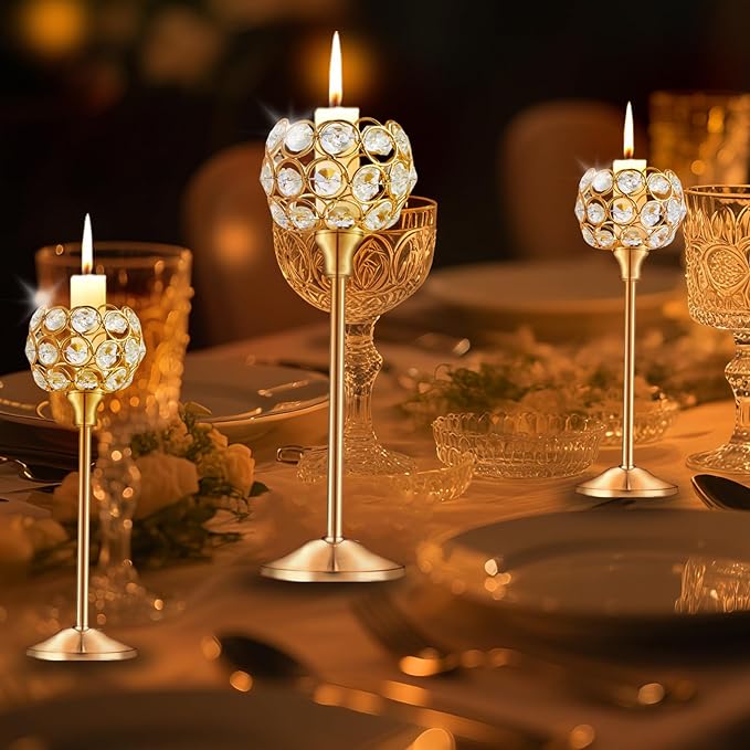 Crystal Metal Tealight Candlestick, Bling Bowl Candelabras, Tall Crystal Candle Holders Elegant Candle Centerpiece for Dining Table Wedding Home Mantel Decor(Golden, 4Sets(12 Pcs))