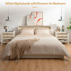 SICOTAS White Night Stand with Drawers and Storage Shelf - Large Nightstands Rattan Decor Boho Bedside Table Narrow Side Table for Bedroom, Small Space