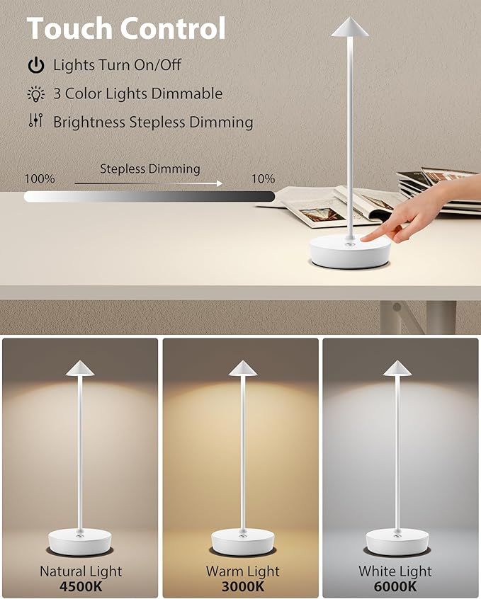 Cordless Table Lamps Rechargeable, 6000mAh Battery Operated LED Desk Lamp Outdoor Waterproof Portable Touch Dimmable Table Night Light for Patio Restaurant Dining Home White