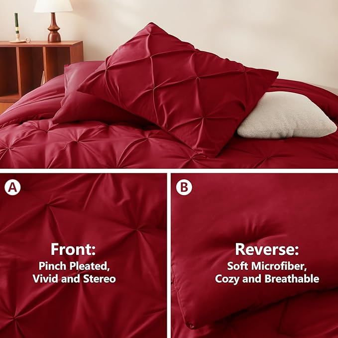 CozyLux Full Size Comforter Sets Dark Red, 7 Pieces Pintuck Bed in A Bag Red Comforter Full Size, Pinch Pleat Bedding Sets with All Season Comforter, Sheets, Pillowcases & Shams