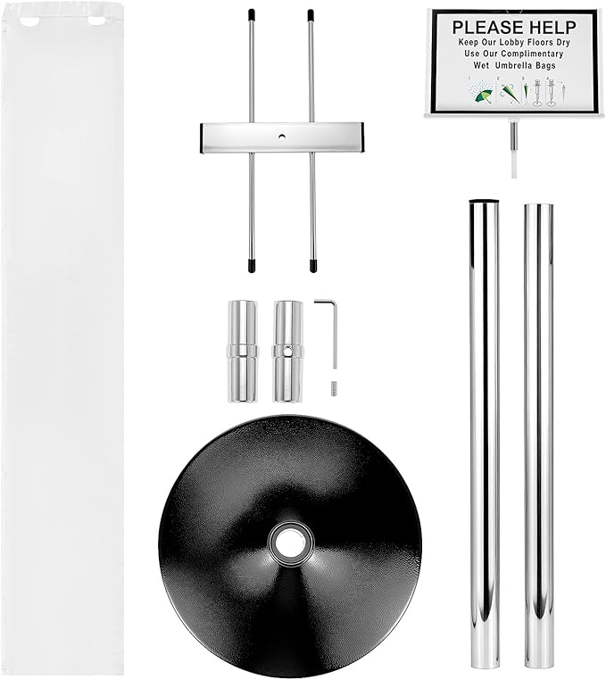 QWORK Umbrella Holder for Entryway, Stainless Steel Umbrella Bag Wrapper Station with Customizable Sign – 200 Long Bags Included, for High Traffic Areas