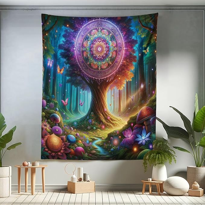 Ambesonne Nature Tapestry Twin Size, Wonderland Forest Tree Trippy Mandala Floral with Butterfly Ensemble Dream, Wall Hanging Bedspread Bed Cover Wall Decor, 68" X 88", Indigo Green Aqua