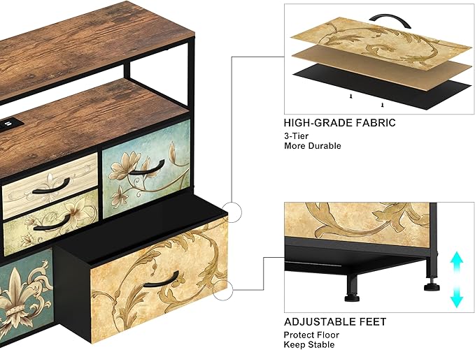 Tohomeor TV Stand with Power Oulet Dresser with Charging Station & LED Light Dresser with 6 Fabric Drawers for Living Room Storage Chest of Drawers Retro Dresser with Open Shelf Wooden Top