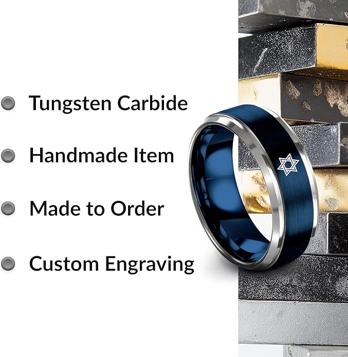Mezuzah star Of David Ring - Gift for Jewish Family - Flat Dome Bevel - 8mm - Men Women - Yellow Gold Black Silver Blue - Anniversary Wedding - Personalized Custom Engraving - Band - Brushed Polished