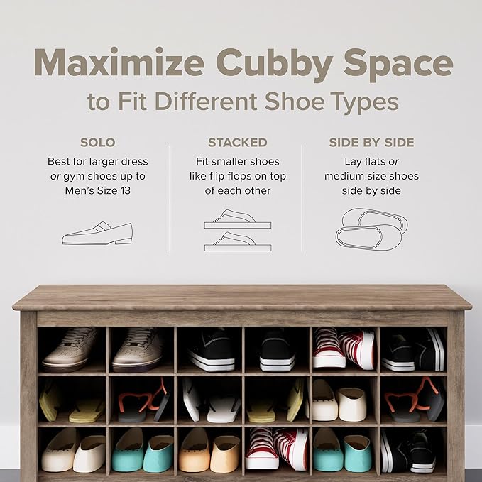 Prepac 24 Pair Shoe Cubby Bench, Entryway Bench, Mud Room Organization and Storage Bench for up to 24 Pairs of Shoes, Black, 15.5"D x 60"W x 20.25"H