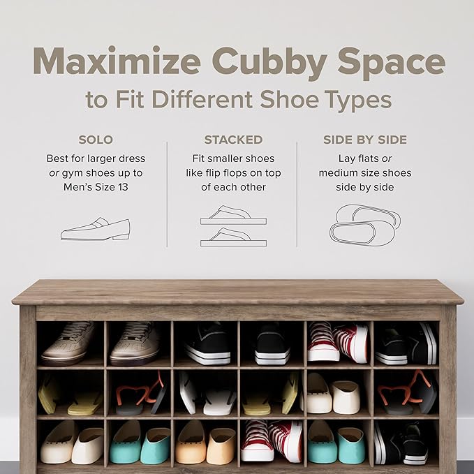 Prepac 24 Pair Shoe Cabinet, Entryway Bench, Mud Room Organization and Storage Bench with 24 Shoe Cubbies, Brown, 15.5"D x 60"W x 20.25"H