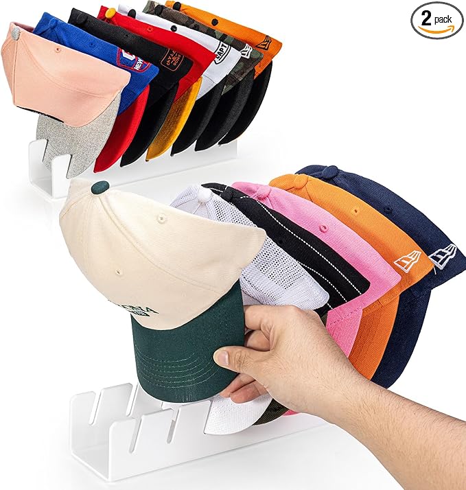 OAPRIRE Hat Stand for Baseball Caps Display and Organizer, No Install Acrylic Hat Organizer 2 Pack Holds 14 Baseball Caps for Closet, Bedroom, Dresser (White)