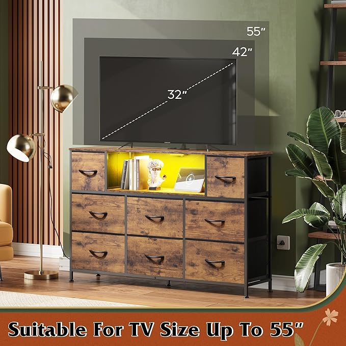 WLIVE Dresser TV Stand for 45, 50, 55 inch TV, Entertainment Center with LED Lights & Charging Station, Chest of Drawers with 8 Fabric Drawers and Open Shelves for Living Room, Hallway, Rustic Brown