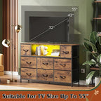 WLIVE Dresser TV Stand for 45, 50, 55 inch TV, Entertainment Center with LED Lights & Charging Station, Chest of Drawers with 8 Fabric Drawers and Open Shelves for Living Room, Hallway, Rustic Brown