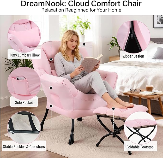 Lazy Chair with Ottoman, Modern Accent Chair with Lumbar Pillow, Pink Sofa, Lounge Chairs with Folding Footrest, Oversized Supportive Chairs for Bedroom, Reading