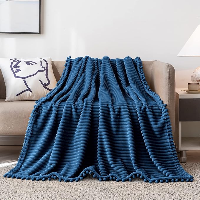 DISSA Fleece Blanket Queen Size – 90x90, Blue - Soft, Plush, Fluffy, Fuzzy, Warm, Cozy – Perfect Throw for Couch, Bed, Sofa - with Pompom Fringe - Flannel Blanket
