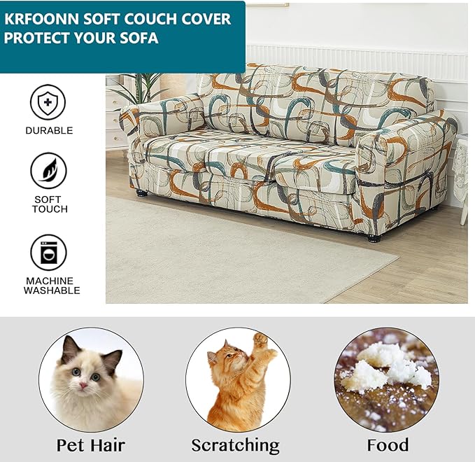 KRFOONN 4 Piece Printed Sofa Couch Cover for 3 Cushion Couches Stretch Sofa Slipcovers with 3 Separate Seat Cushion Covers Washable Furniture Protector with Elastic Bottom (Sofa, 52)